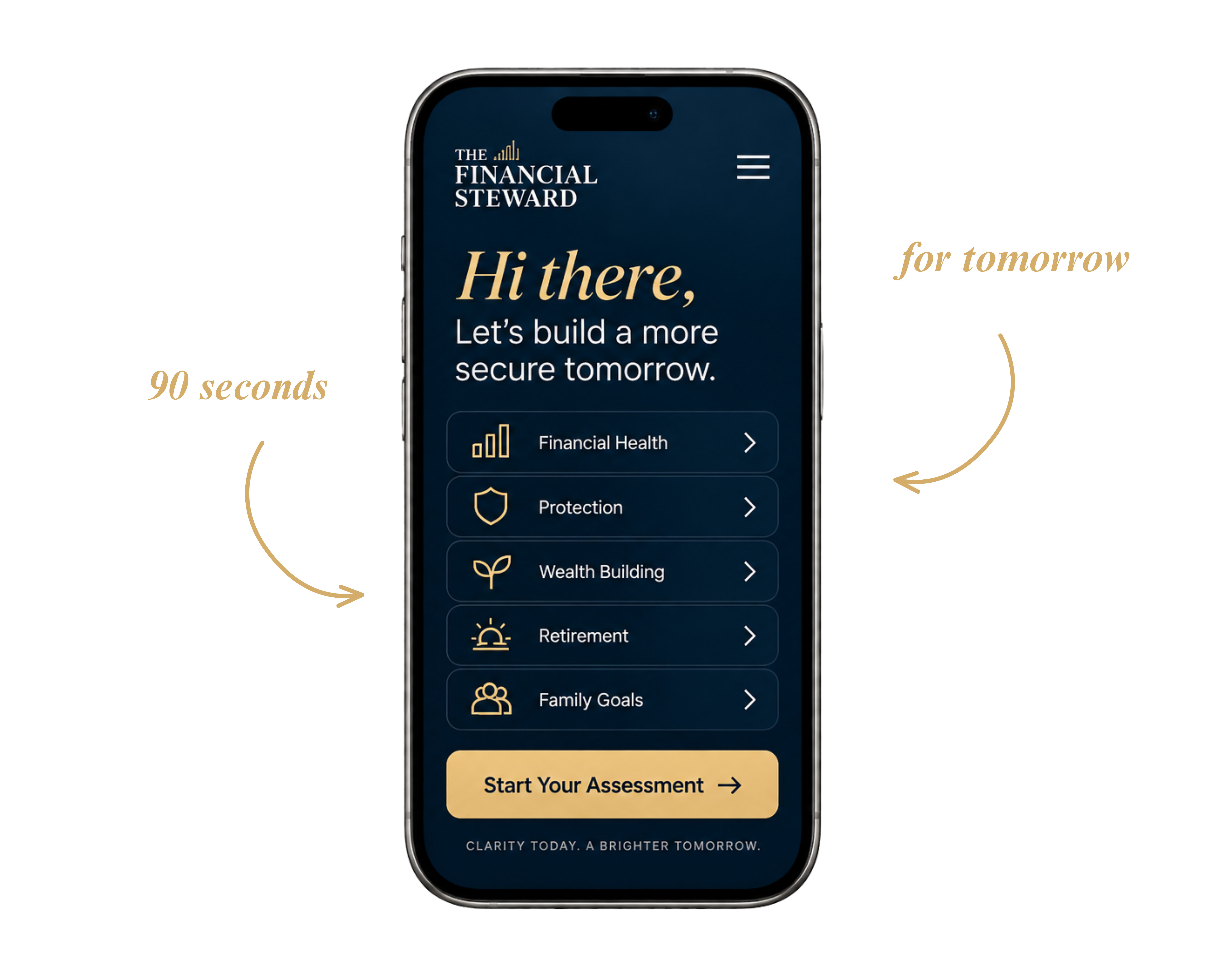 Financial Steward phone illustration with financial health categories and assessment button