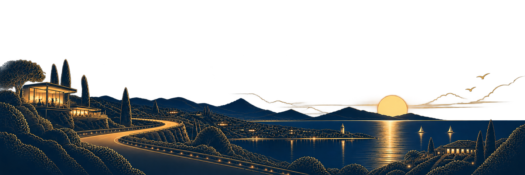 Golden coastal drive at sunset illustration