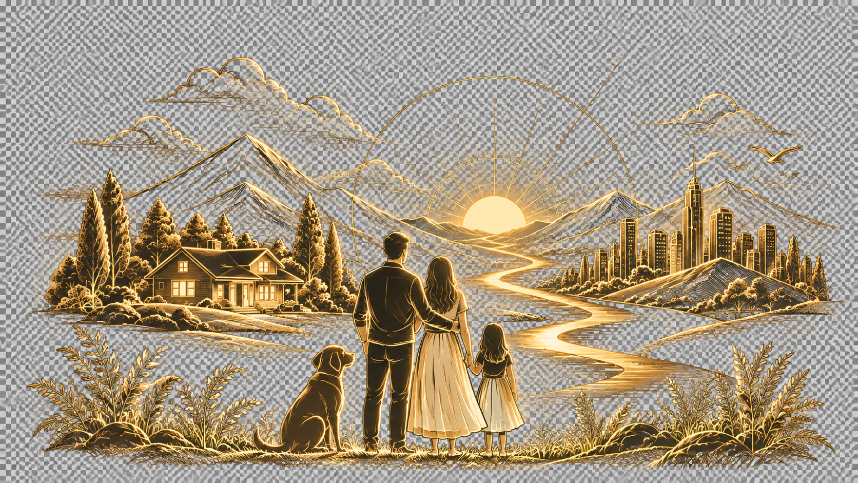 Golden line illustration of a home, family, dog, winding path, sunrise, and city skyline